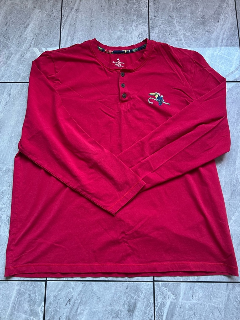 Tommy Bahama Men’s Red Tropical Toucan Embroidered Long Sleeve Henley Shirt 2XL